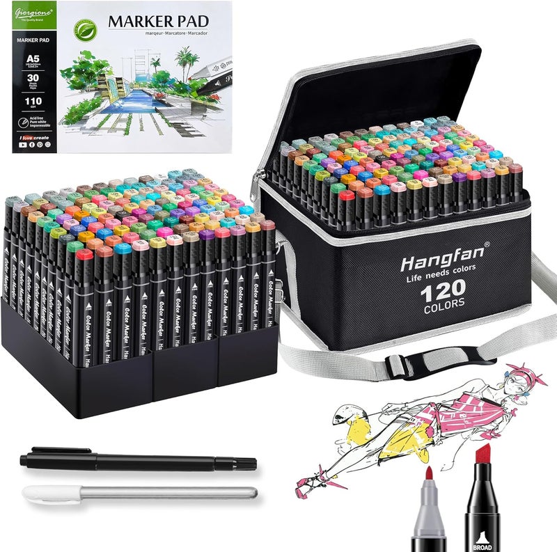 HandFan Alcohol Based Ink Art Markers, 120 Colors Broad&Fine Dual Tip Permanent Markers Pen Set for Professional Student Child Coloring Illustrations Sketch Drawing Painting Card Making (Black) - Image 1